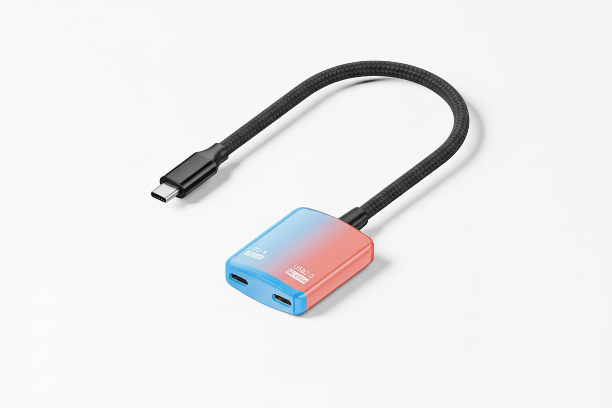 Two-tone Type-C adapter with red and blue design on a white background