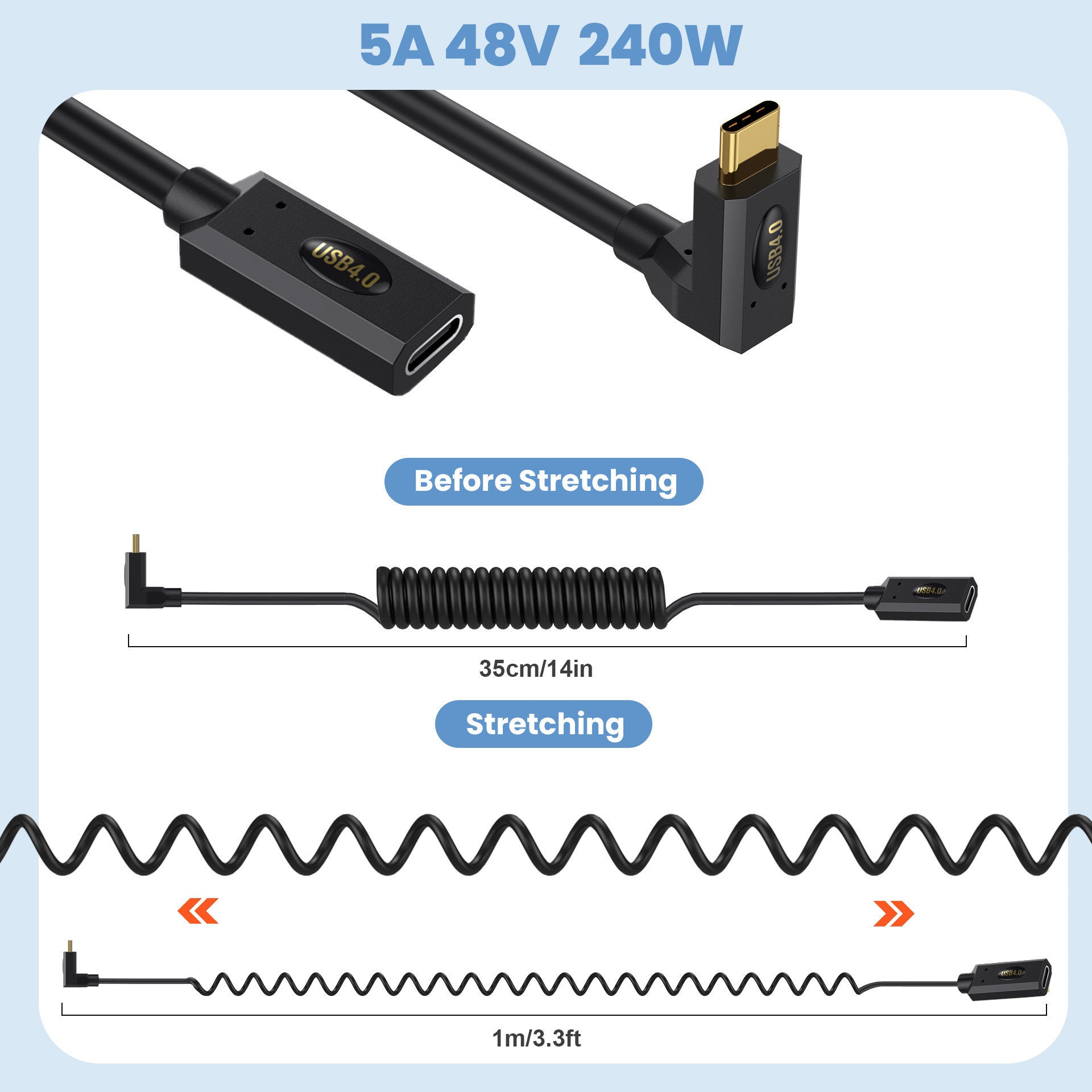 USB 4.0 USB C Male to Female UP Down Angle Coiled Extension Cable 80K60Hz 240W 5A 40Gbps