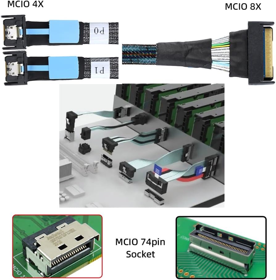 PCI-E 5.0 Mini Cool Edge IO MCIO STR PCI-E 8i 74Pin Male to Dual MCIO 38Pin Male Extender Cable