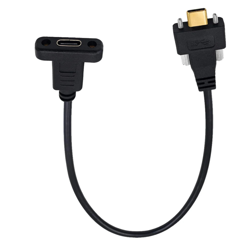 A black USB C male to USB C female screw locking panel mount extension cable.