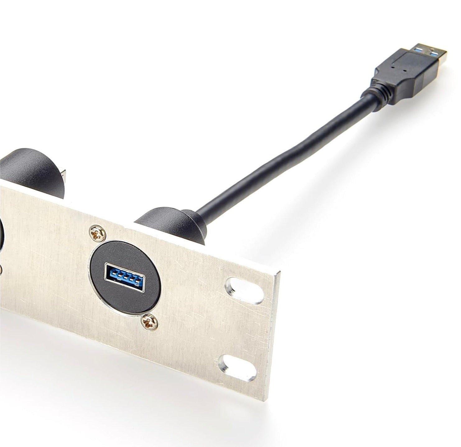 USB cable plugged into a metallic panel with USB port