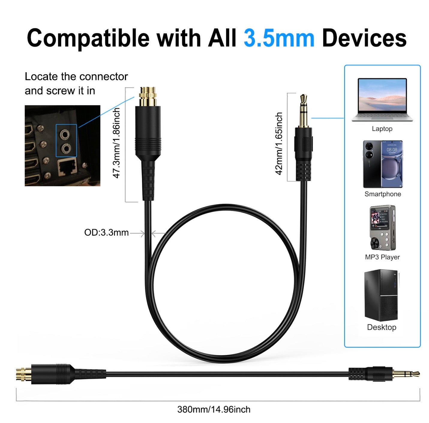 3.5mm male to female panel mount AUX cable with locking nuts