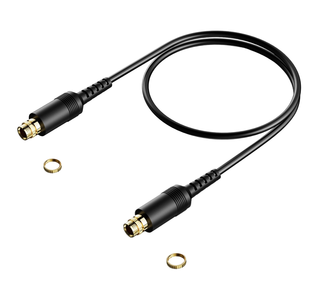 Black cable with connectors on a white background