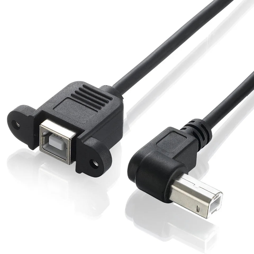 A black USB 2.0 Type B angled male to female panel mount printer extension cable, with one end being panel mount and the other end having a standard USB connector.