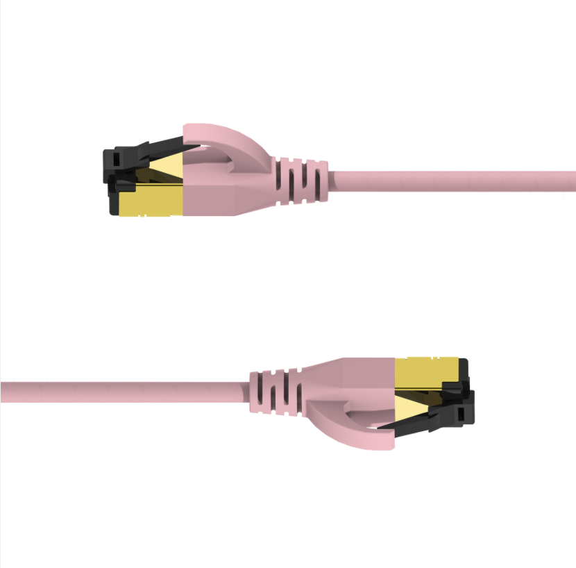 Pink Ethernet cable with black connectors on a white background