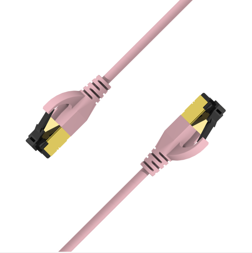 Pink Ethernet cable with black and yellow connectors on a white background