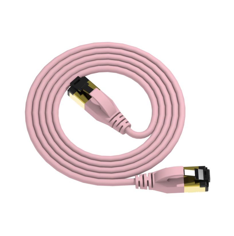 Pink Ethernet cable with gold connectors on a white background