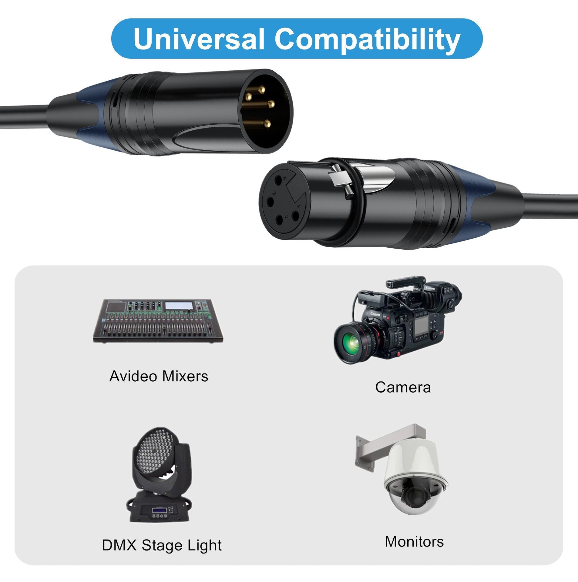Two XLR connectors with electronic equipment icons below on a white background