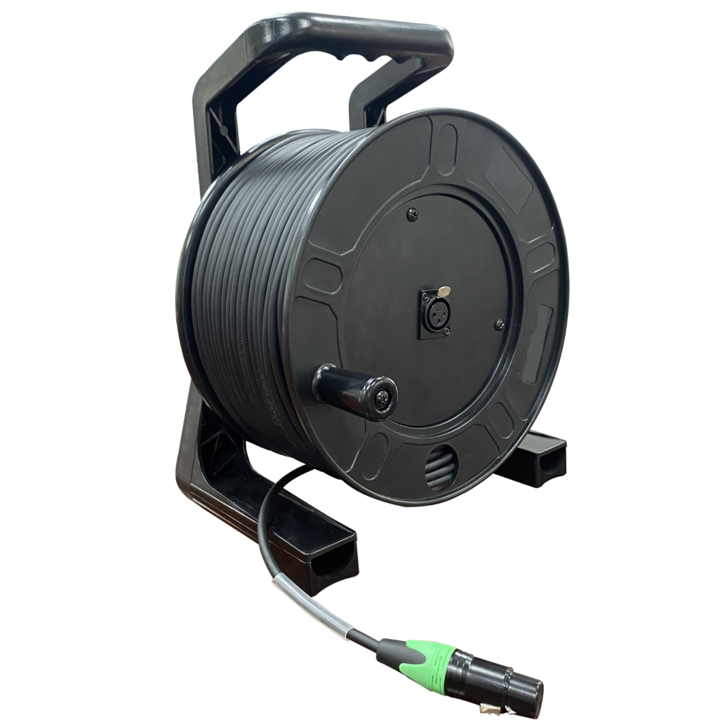 Professional XLR cable reel showing rugged carry handle and rewind mechanism