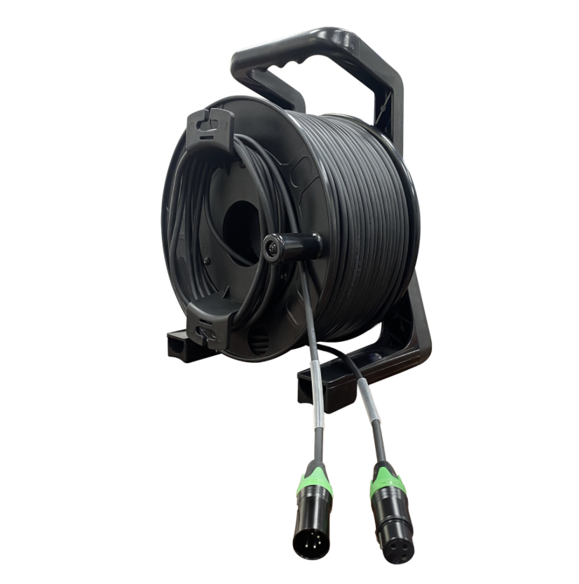 Professional XLR cable reel showing rugged handle, rewind knob, and flexible audio cable