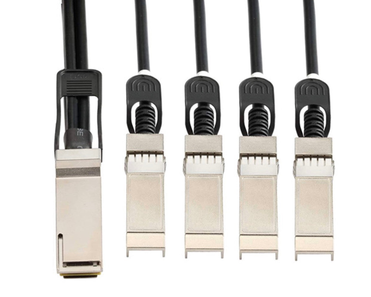 A black QSFP28 to 4 SFP28 high-speed network cable with a 1 meter transmission distance, featuring copper core and multi-layer shielding.
