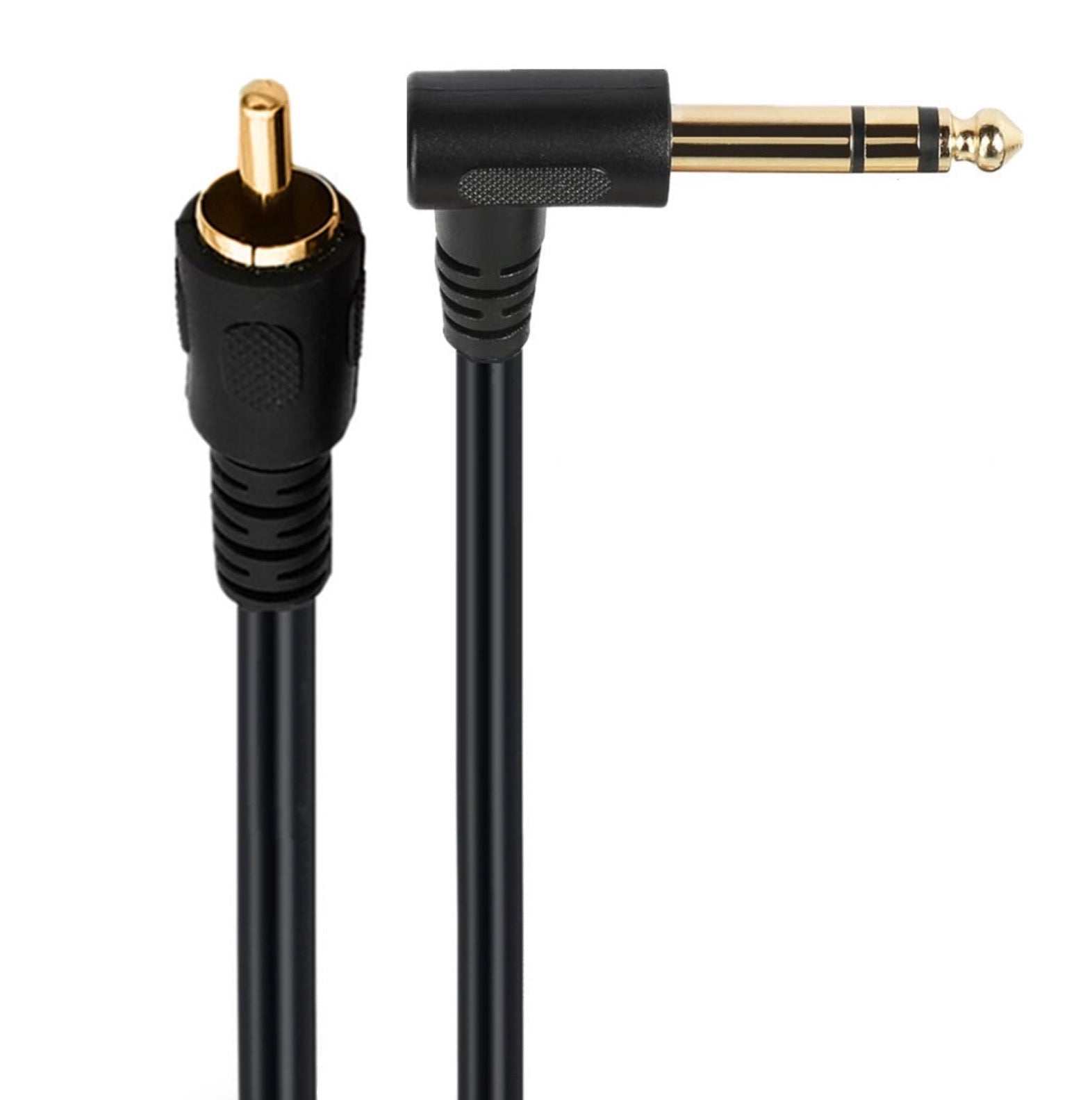 RCA male to 6.35mm 1/4 inch male audio cable with right-angle jack for instrument and line-level connections
