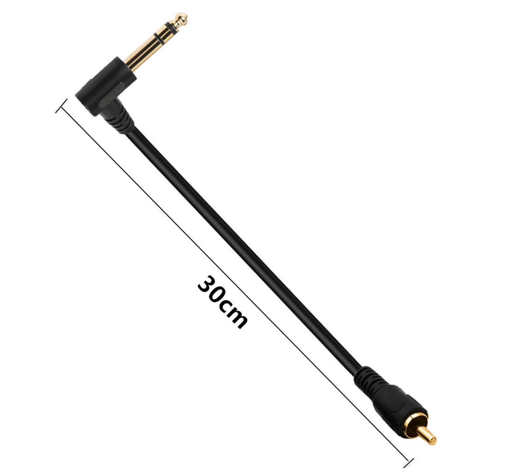 Black audio cable with measurements on a white background
