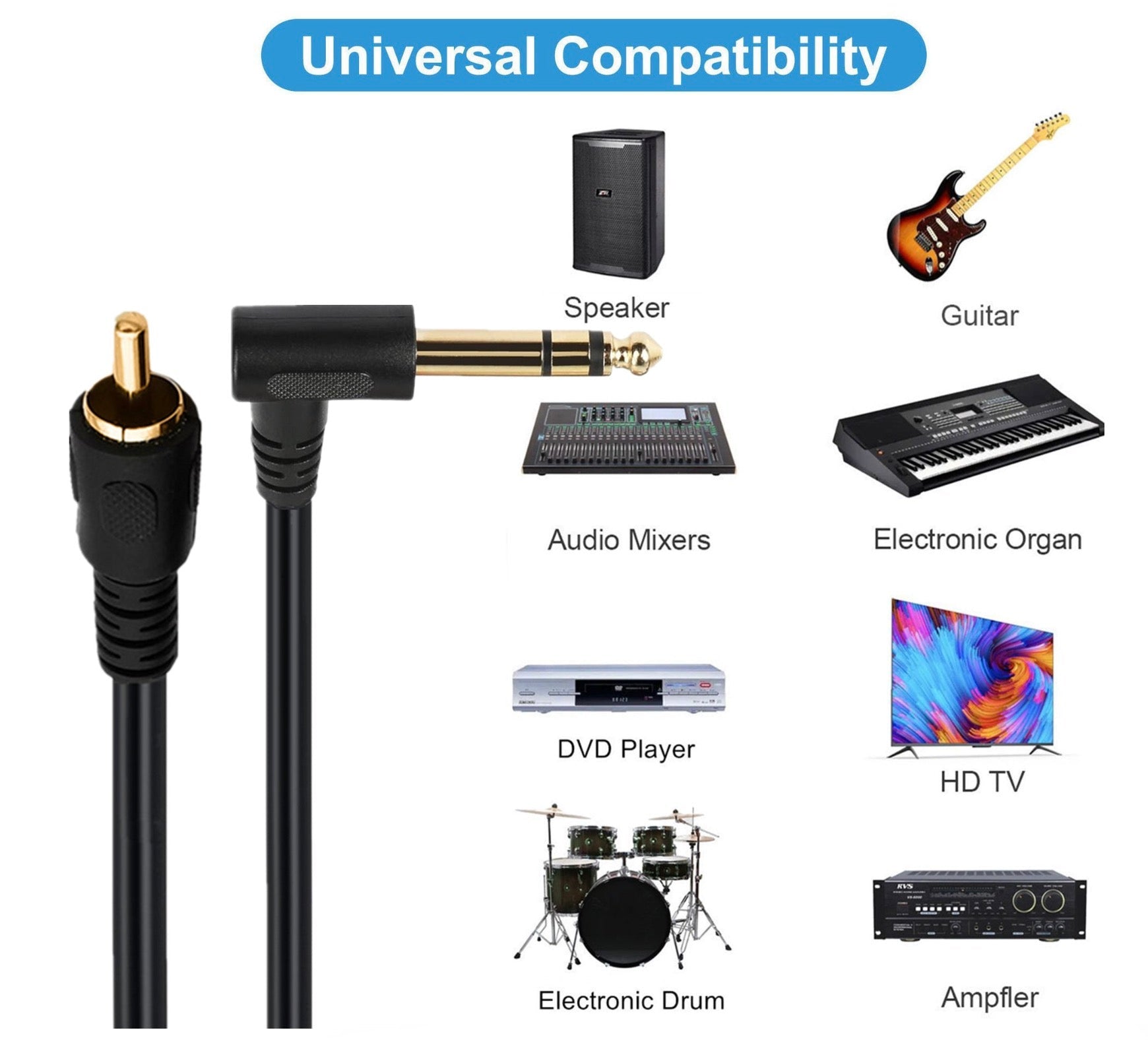 Black audio cable with connectors on a white background, showing compatibility with various electronic devices.