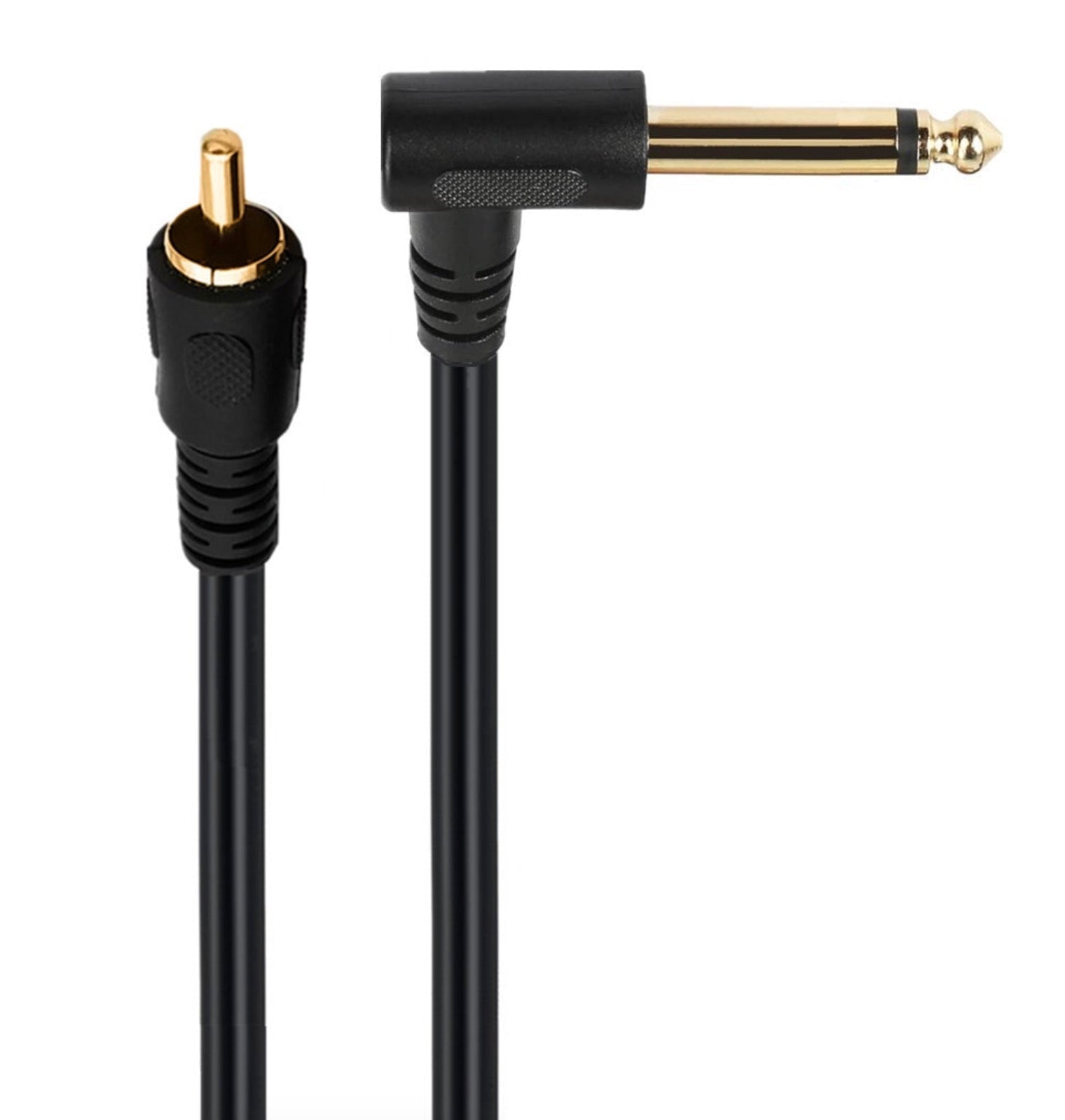 RCA male to 6.35mm 1/4 inch mono jack audio cable with right-angle plug for instrument connections
