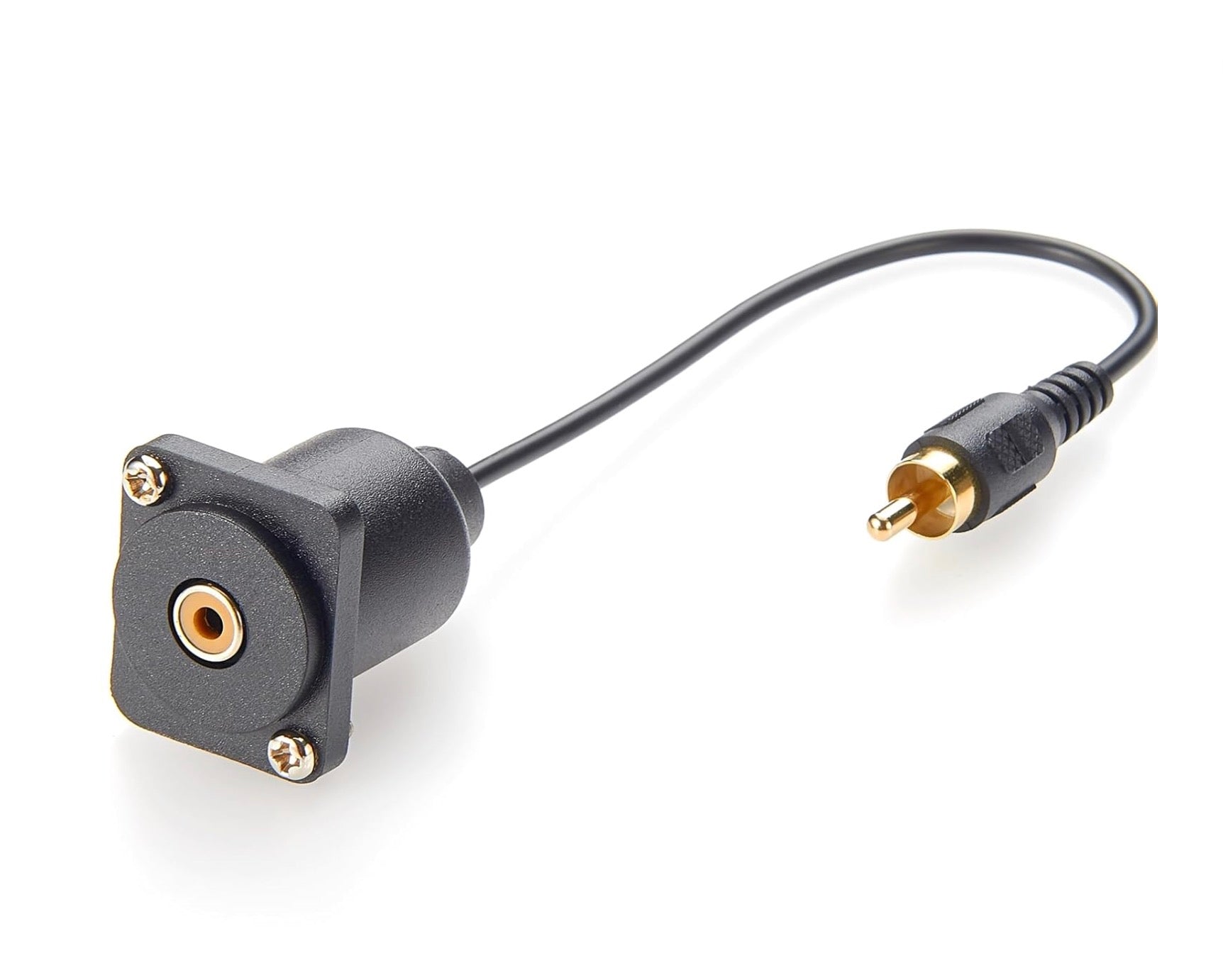 RCA male plug to RCA female panel mount chassis socket extension cable with screw fixing for composite video or analogue audio pass-through