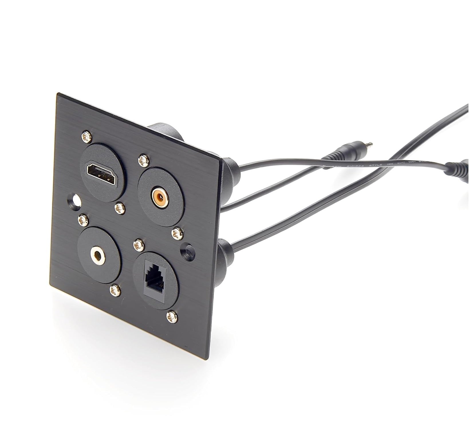 Black panel with multiple ports and cables on a white background, featuring the brand 'Plinkwirekb'.