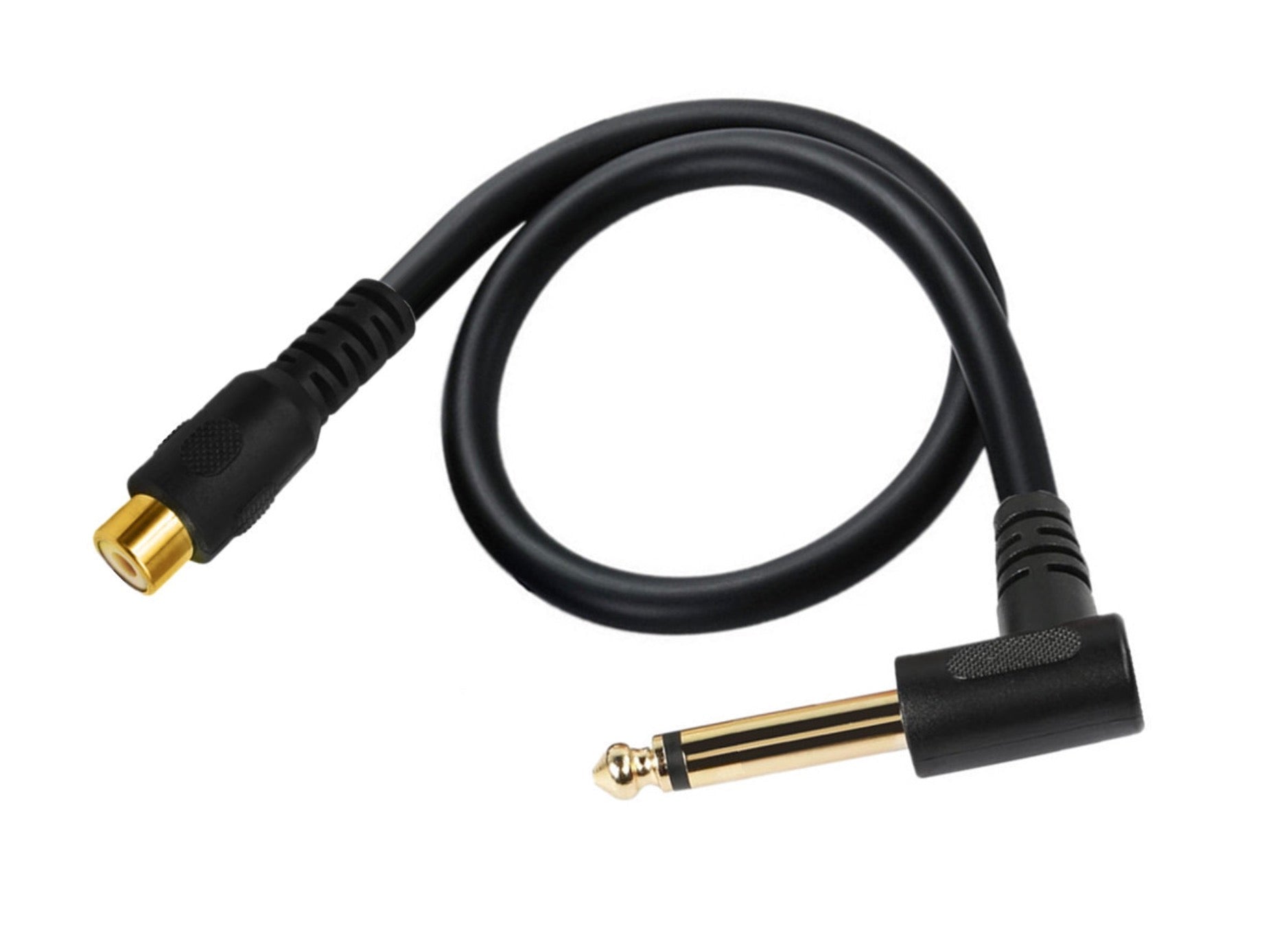 Black audio cable with gold connectors on a white background