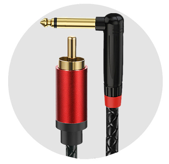 Audio cable with red and black design on a white background