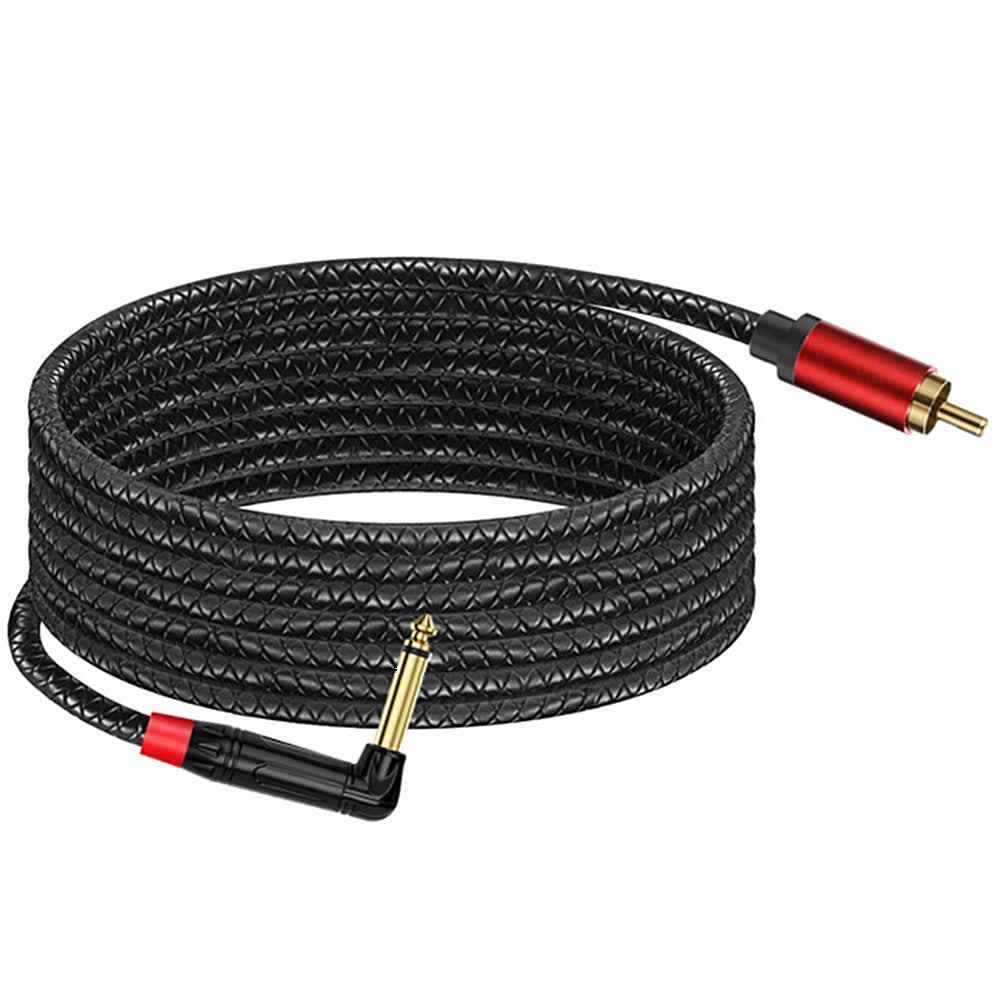 Black braided audio cable with red and gold connectors on a white background