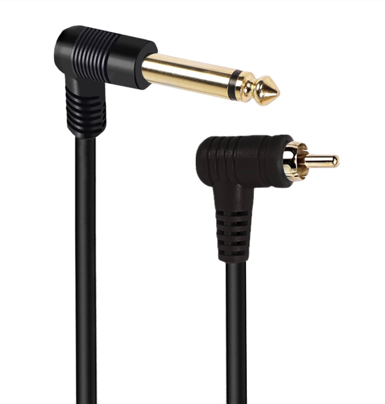 Black audio cable with gold RCA connector on a white background