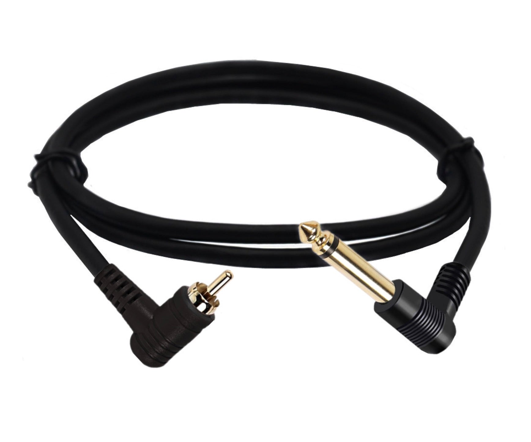 Black audio cable with right-angle connectors on a white background