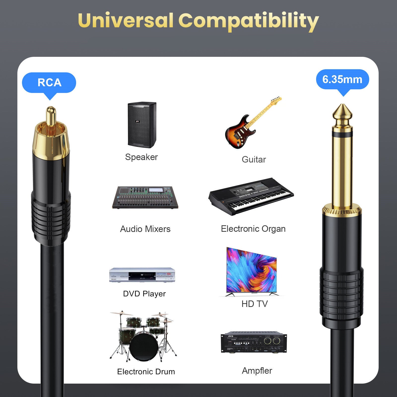 RCA male to 6.35mm TS mono jack audio cable