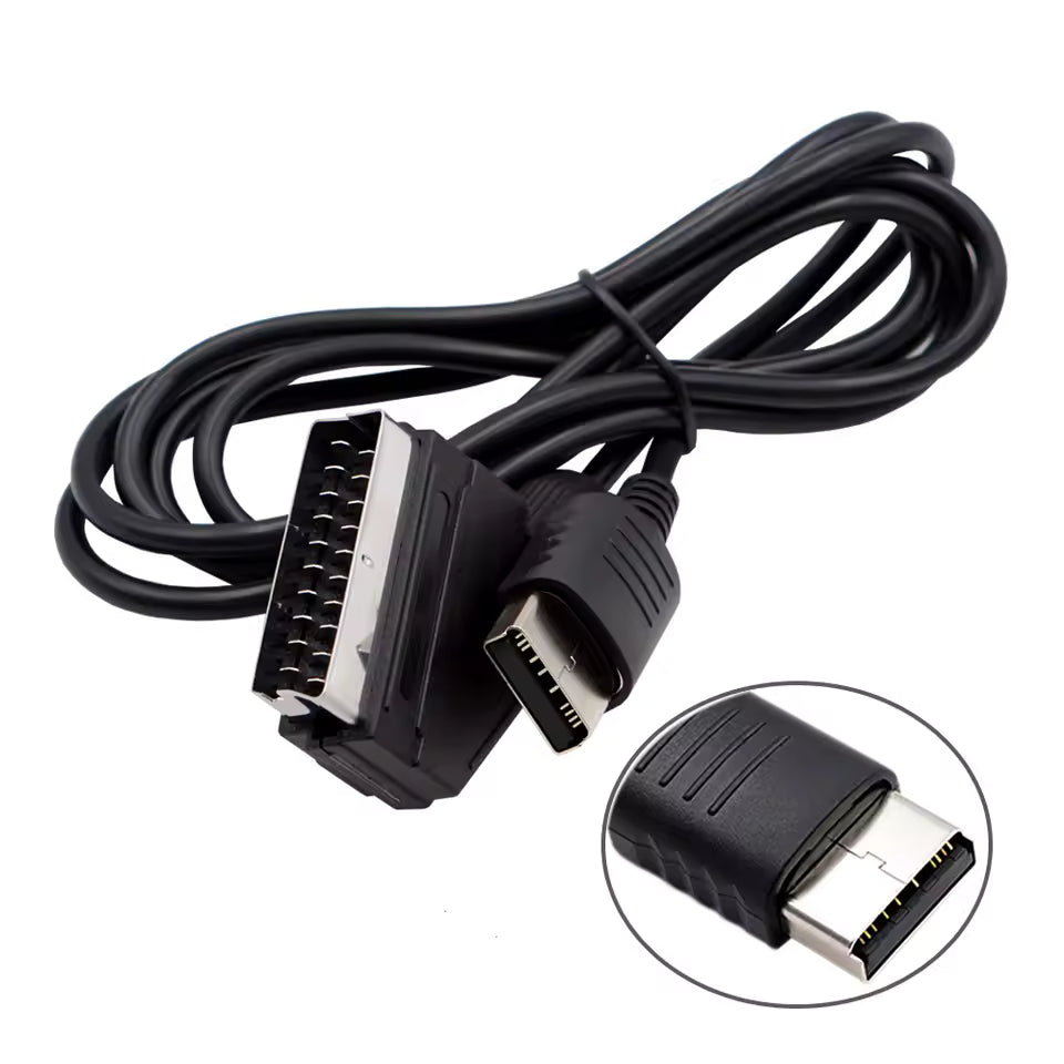 Black SCART to HDMI cable on a white background