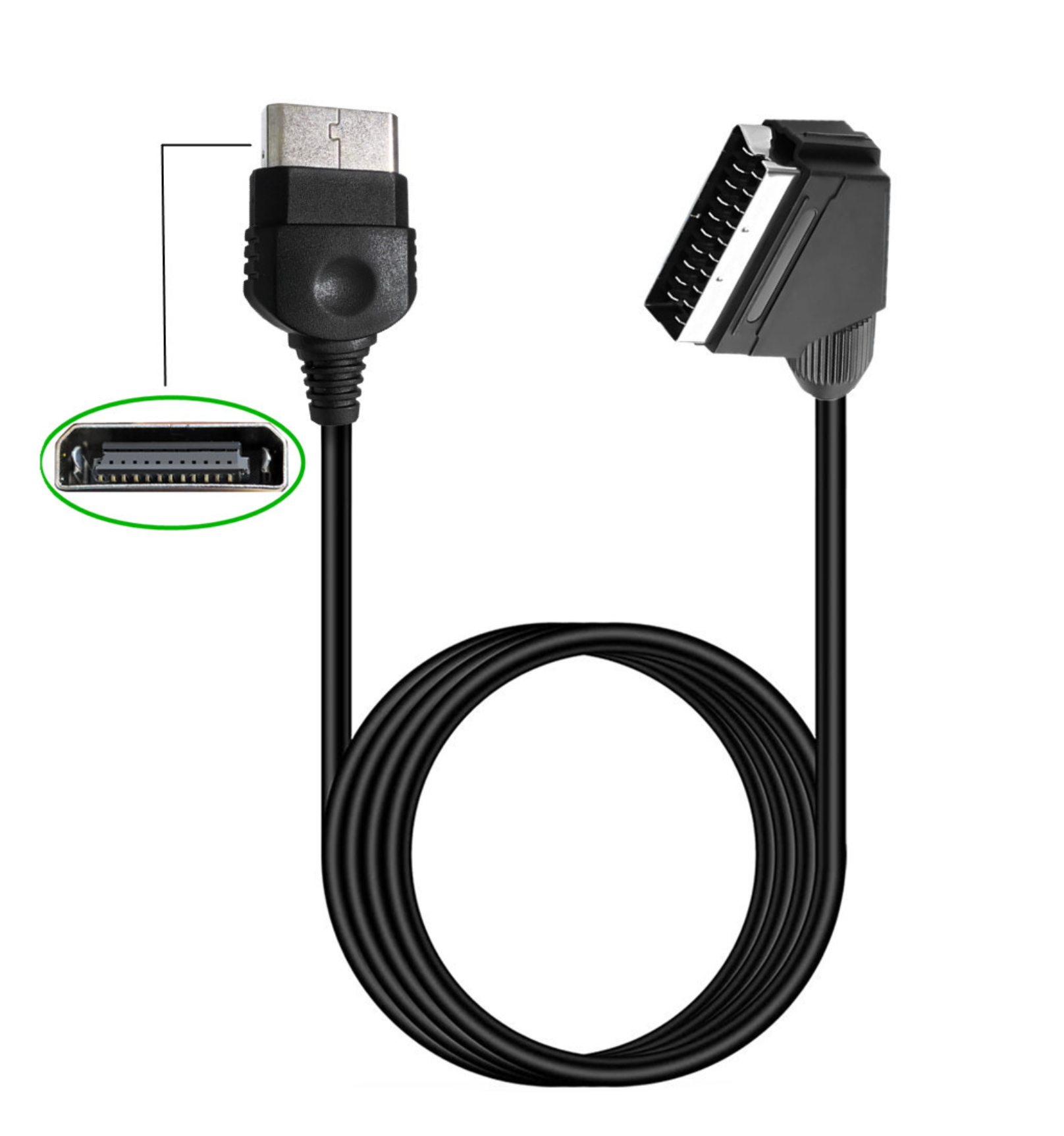 Black cable with USB connector and Scart adapter on a white background