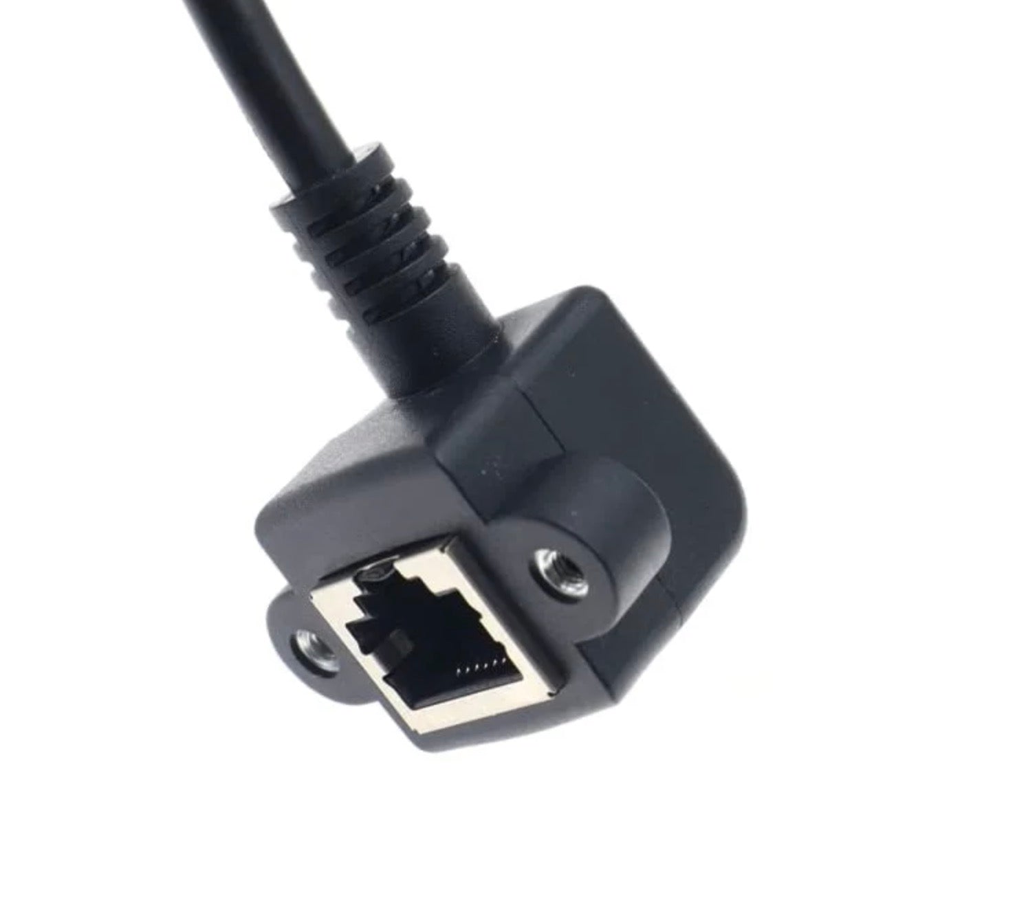 Black Ethernet cable connector on a white background