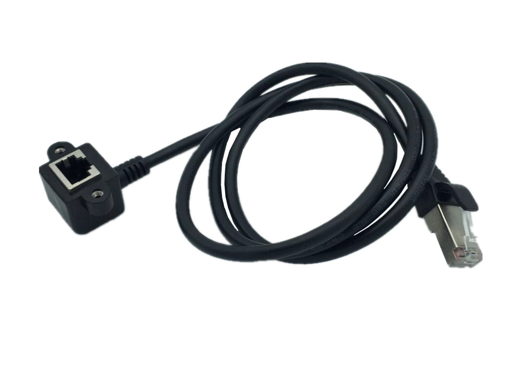 Black Ethernet cable with RJ45 connectors on a white background