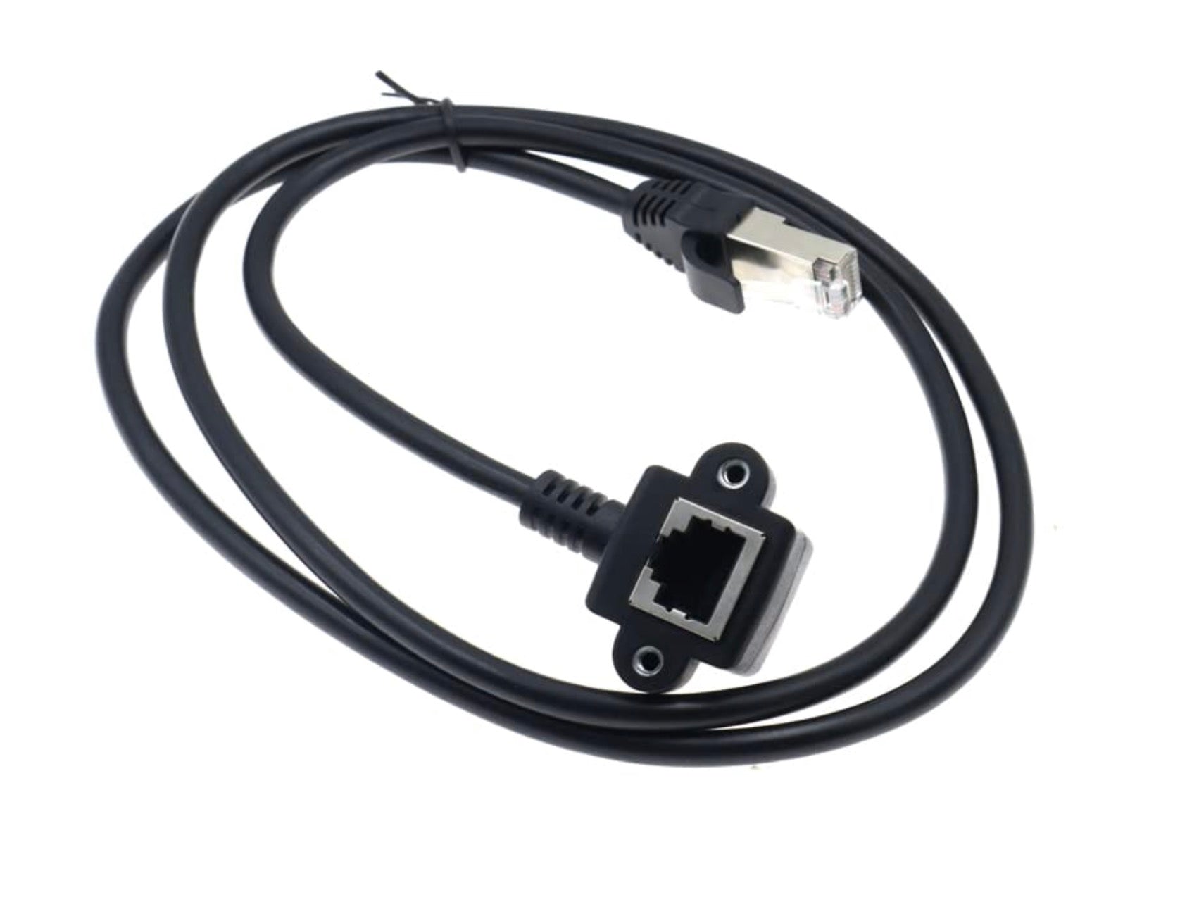 Black cable with network connector on a white background