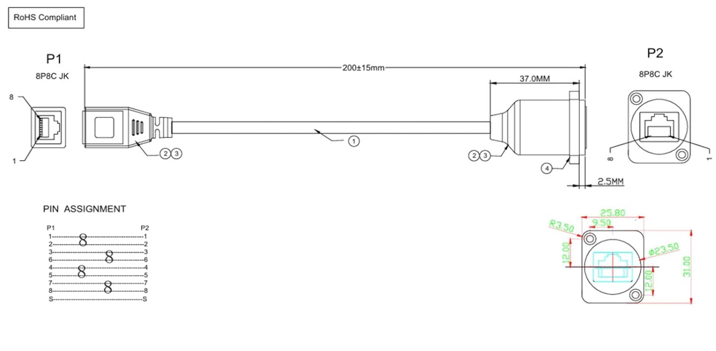 Technical diagram of electrical connectors with pin assignments on a white background