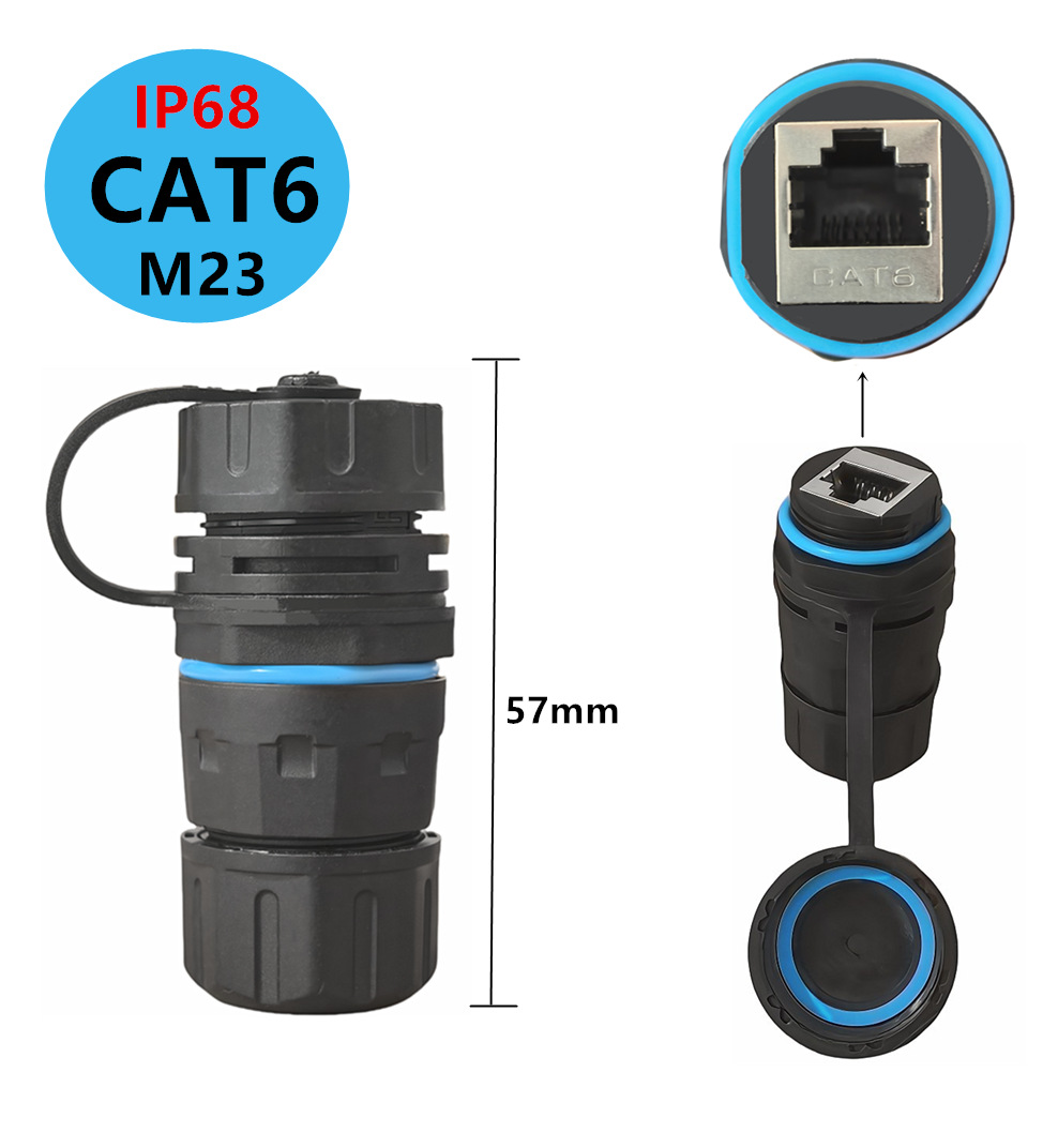 Black Ethernet cable connector with IP68, CAT6, and M23 labels on a white background.