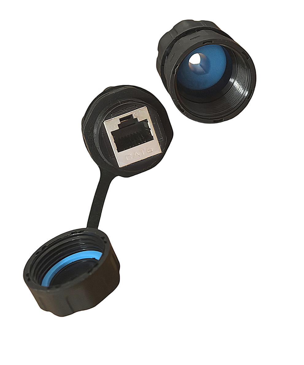 Two black RJ45 attachments with connectors on a white background