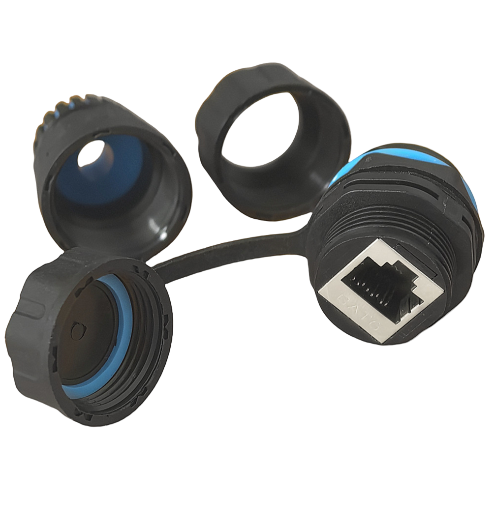 Ethernet cable connector with black and blue design on a white background