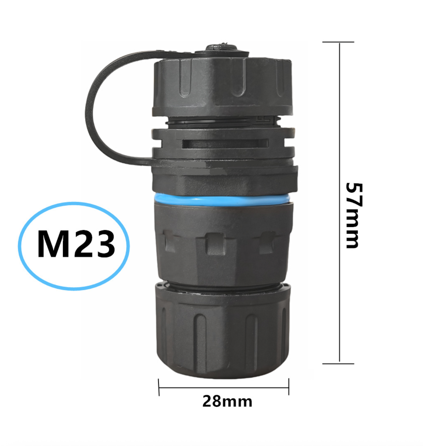Black cylindrical connector with measurements and 'M23' marking on a white background