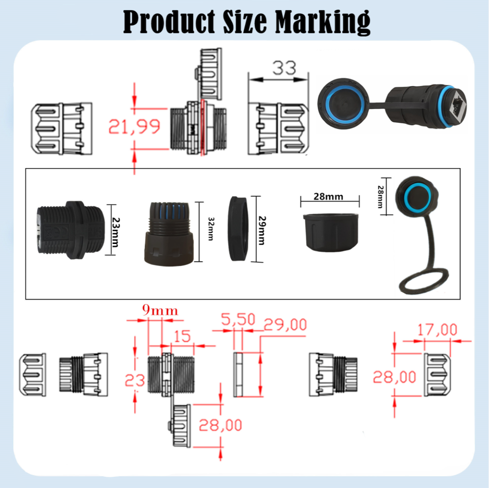 Technical diagram of plumbing connectors with measurements on a light blue background