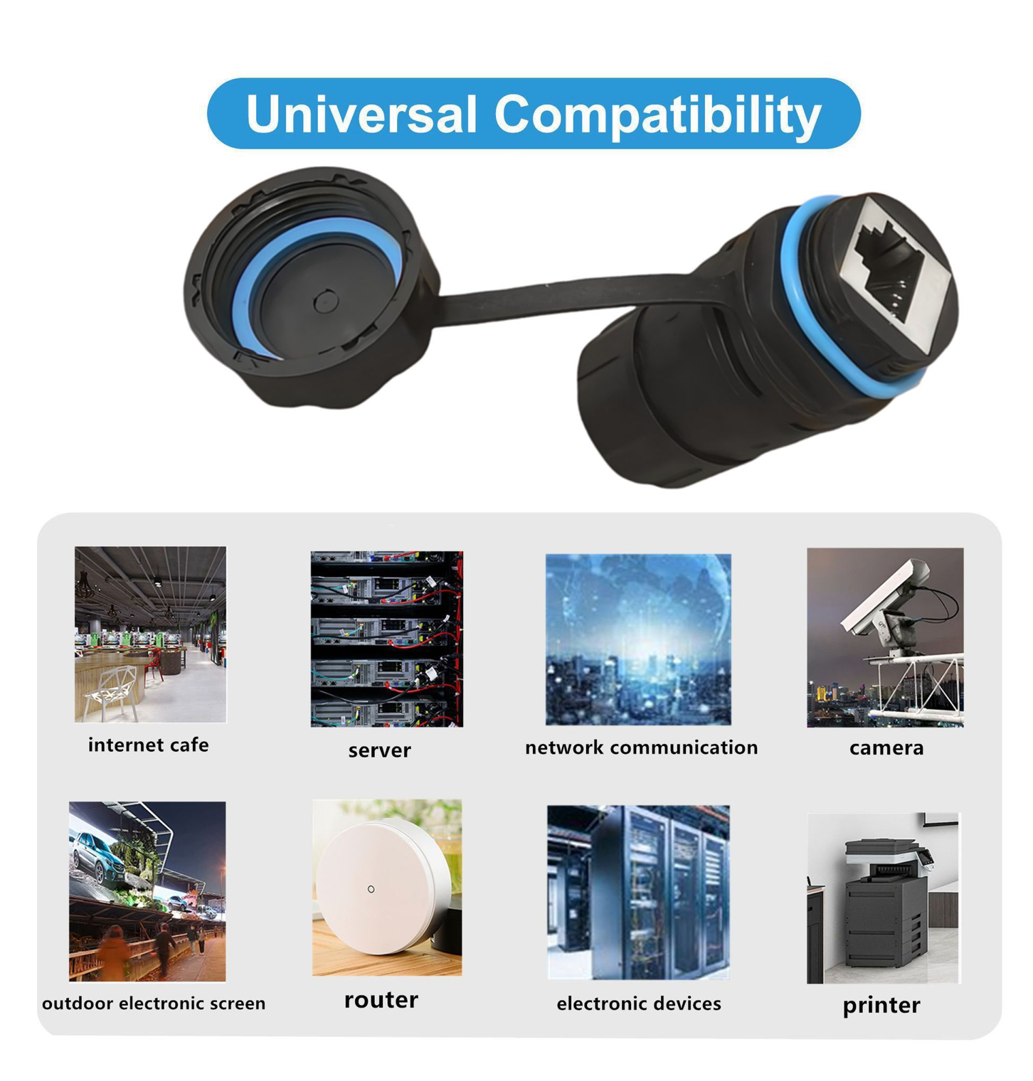 Network cable connector with 'Universal Compatibility' text and images of various electronic devices.