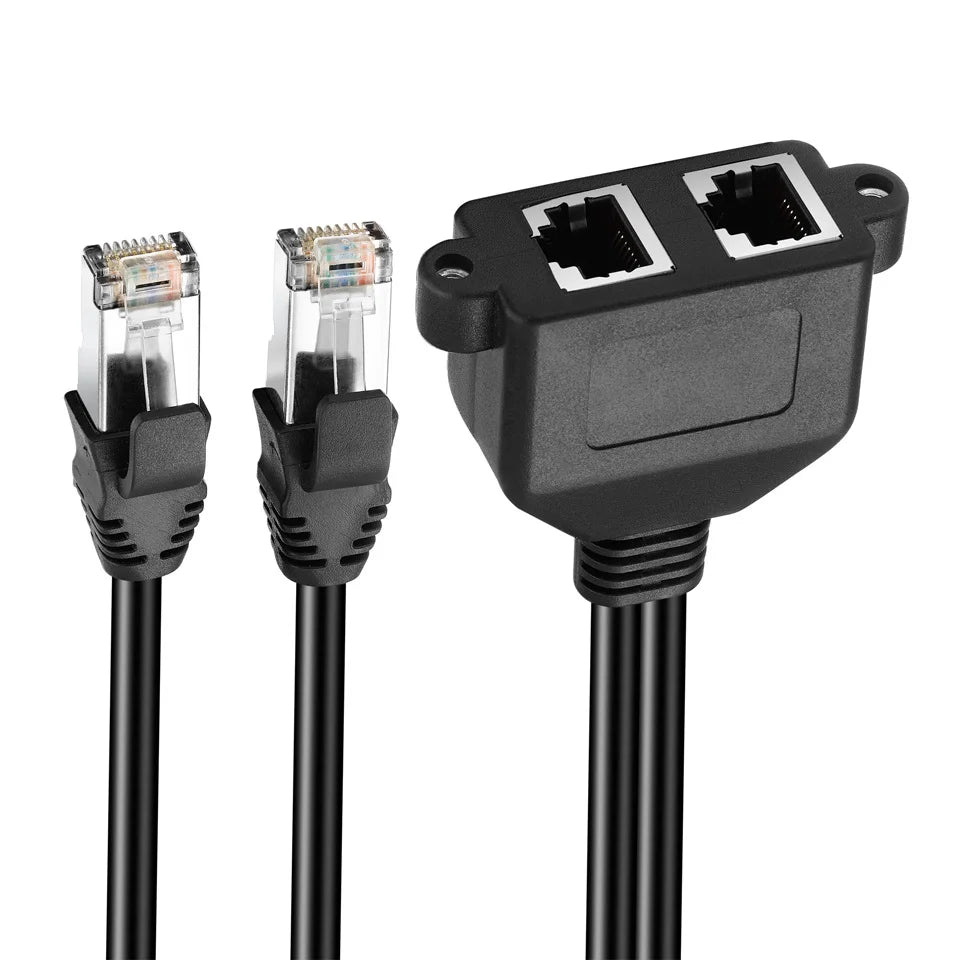 A black RJ45 dual male to female Ethernet LAN network panel mount extension cable.