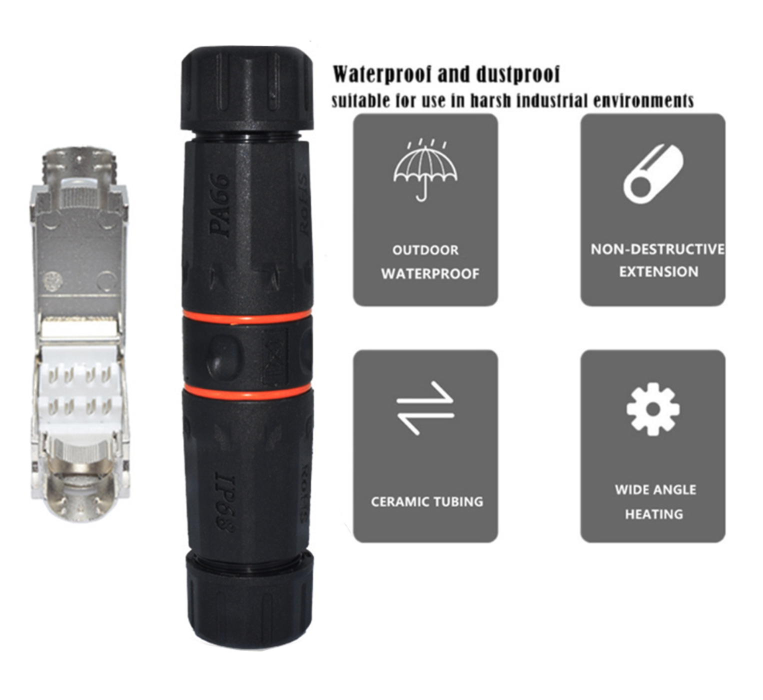 Black cylindrical device with features highlighted on a white background