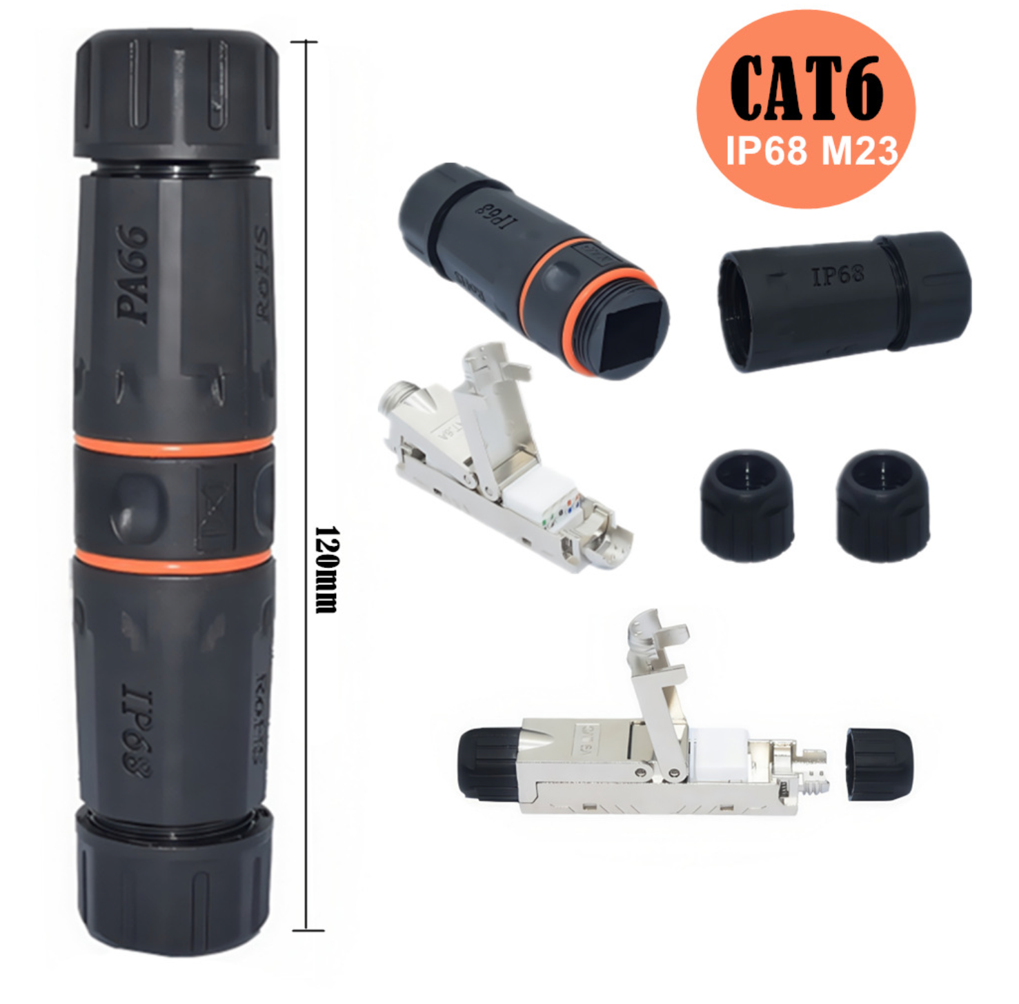 Set of networking connectors with measurement details on a white background