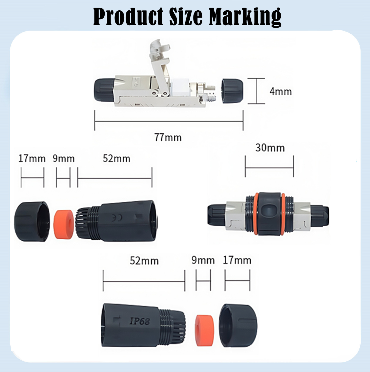Measurement chart of various connectors with dimensions labeled