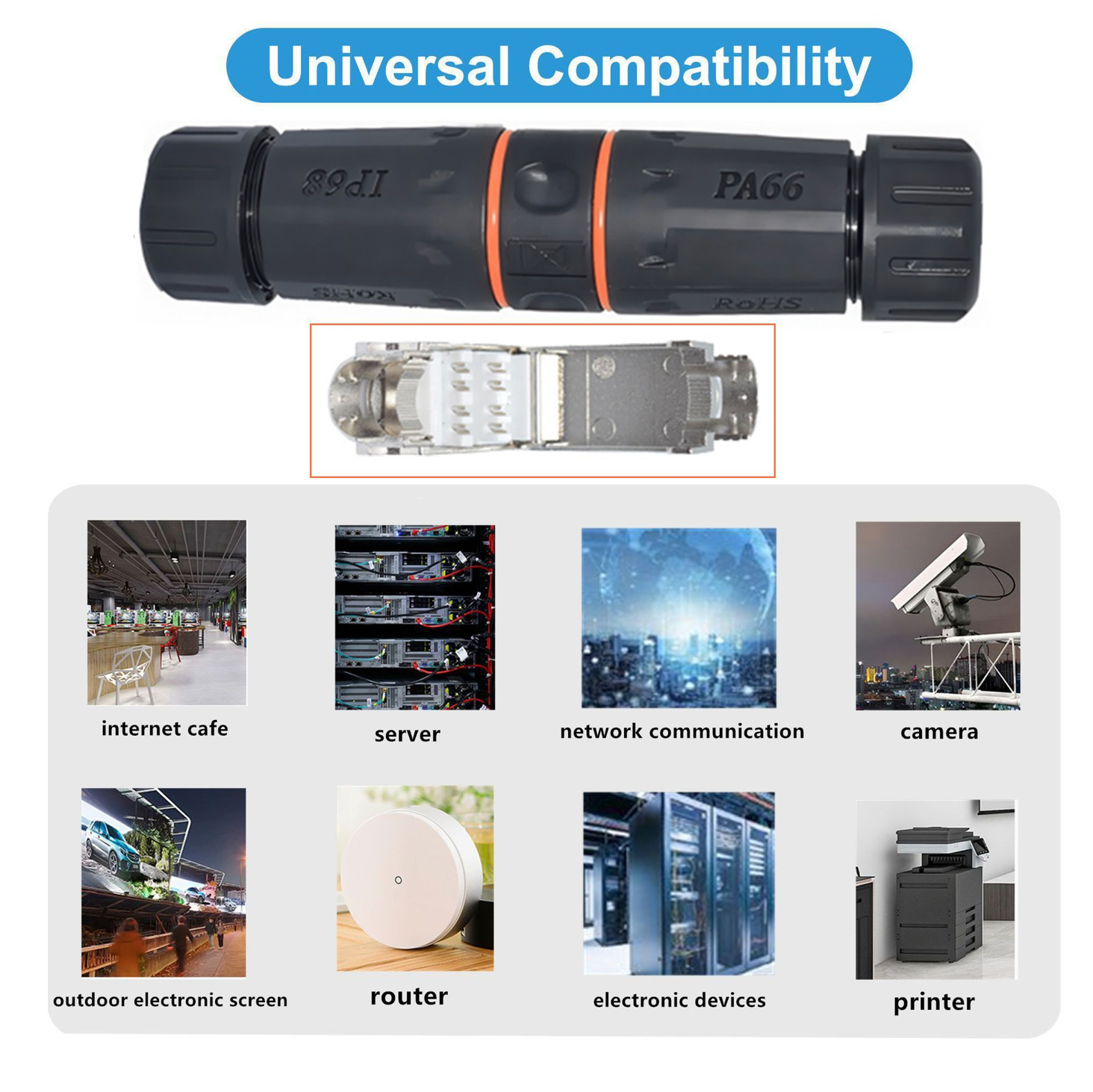 Black cable connector with 'PA66' marking and images of various electronic devices it can be used with.