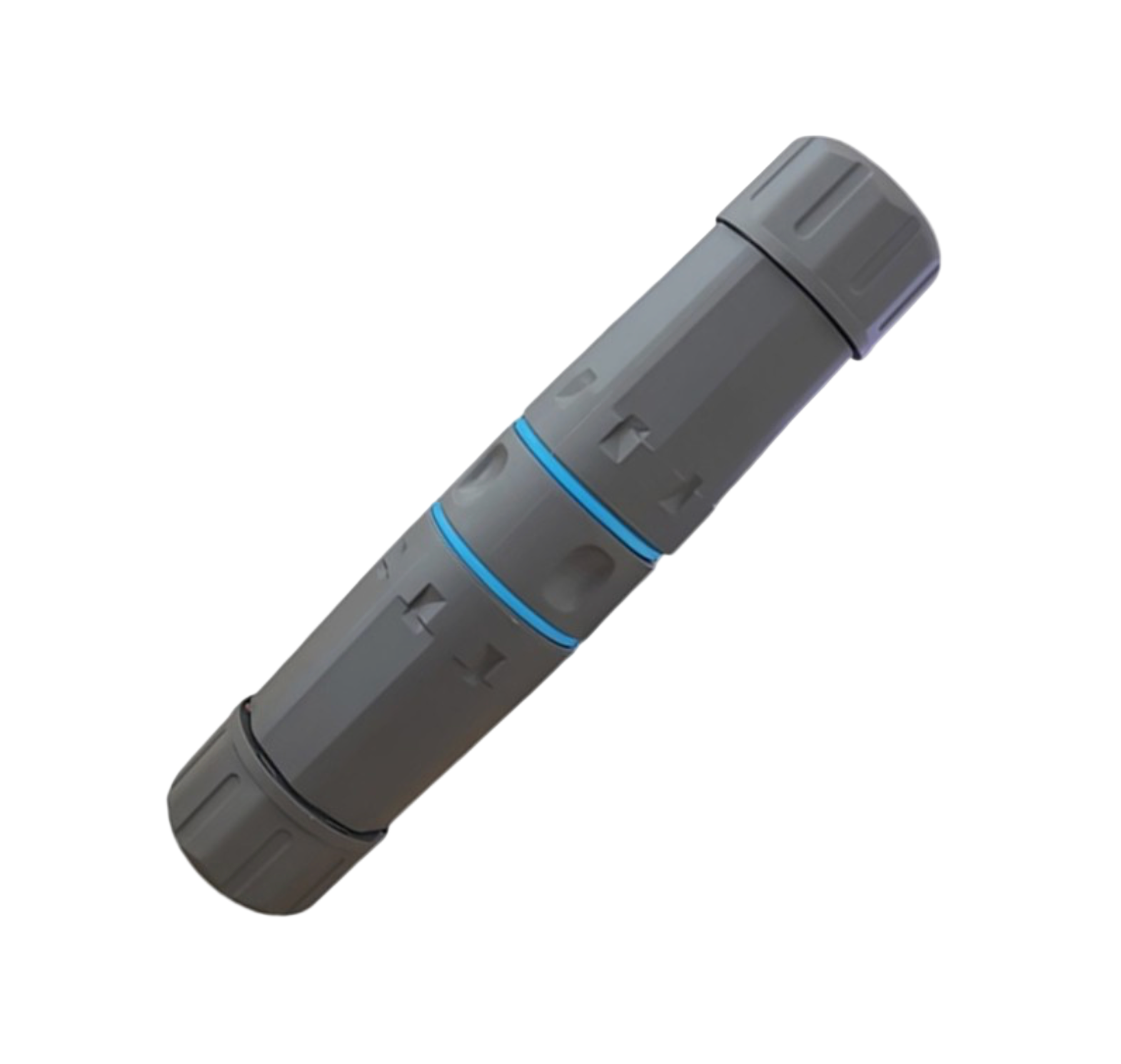 Gray cylindrical object with a blue band on a white background