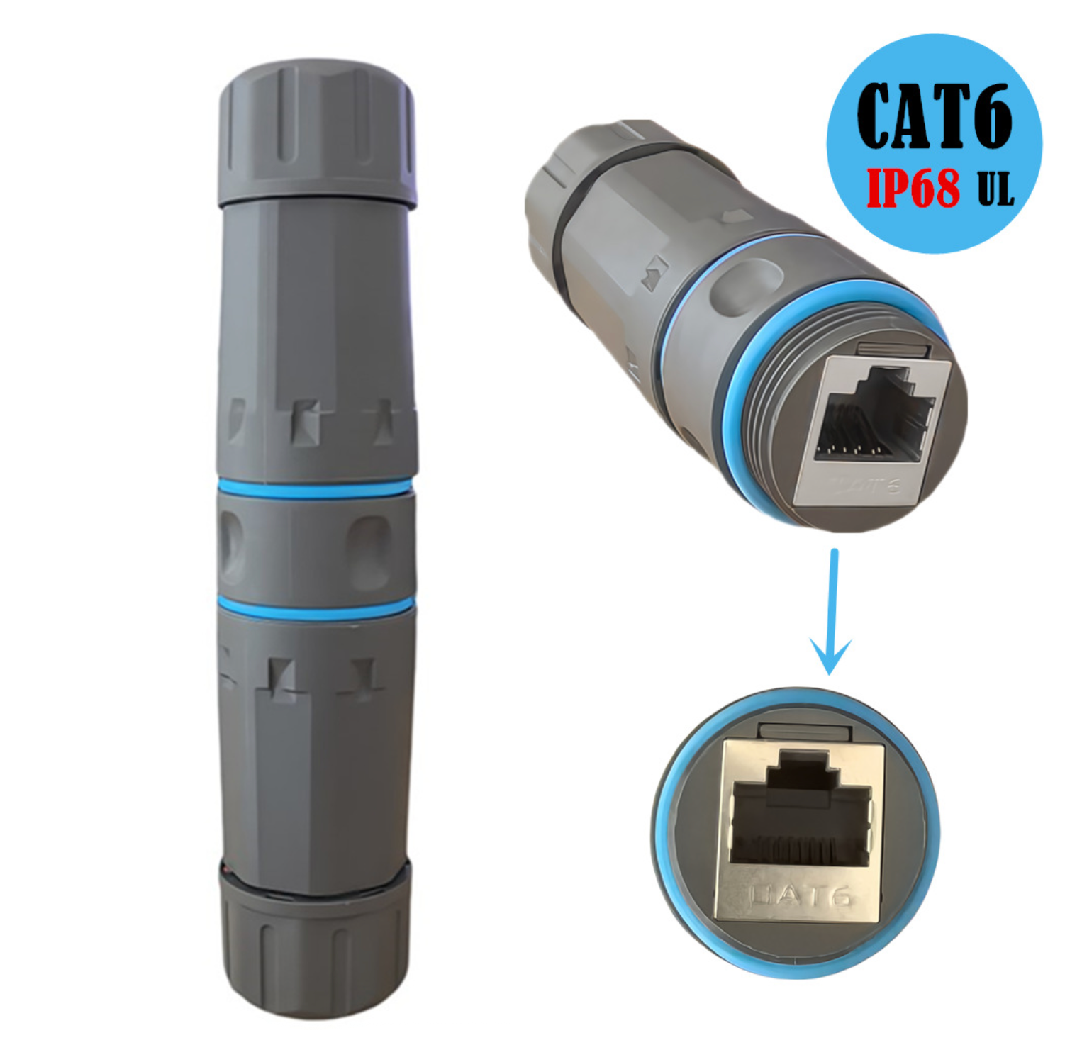 Network cable connector with CAT6, IP68, UL certification on a white background