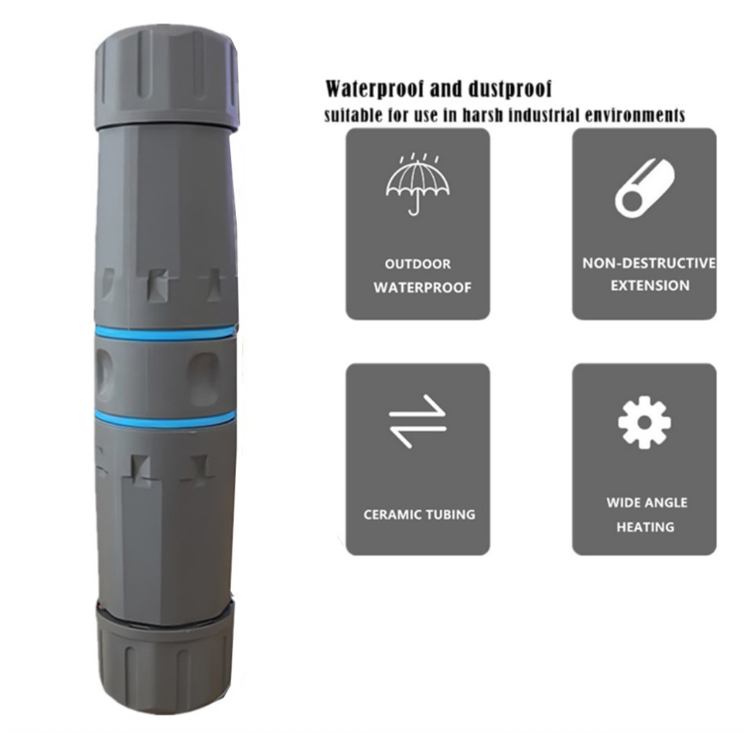 Gray cylindrical device with features highlighted on a white background