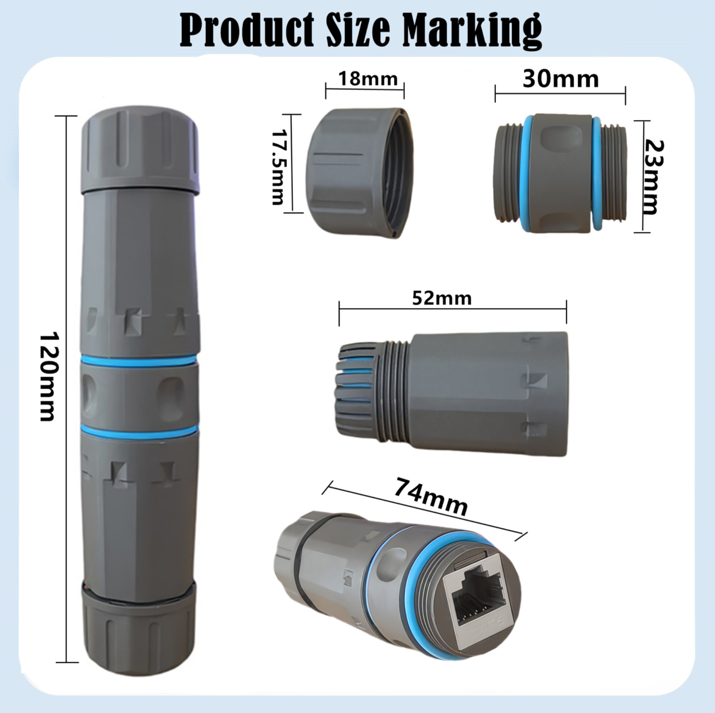 Gray plumbing connectors with measurements on a light blue background