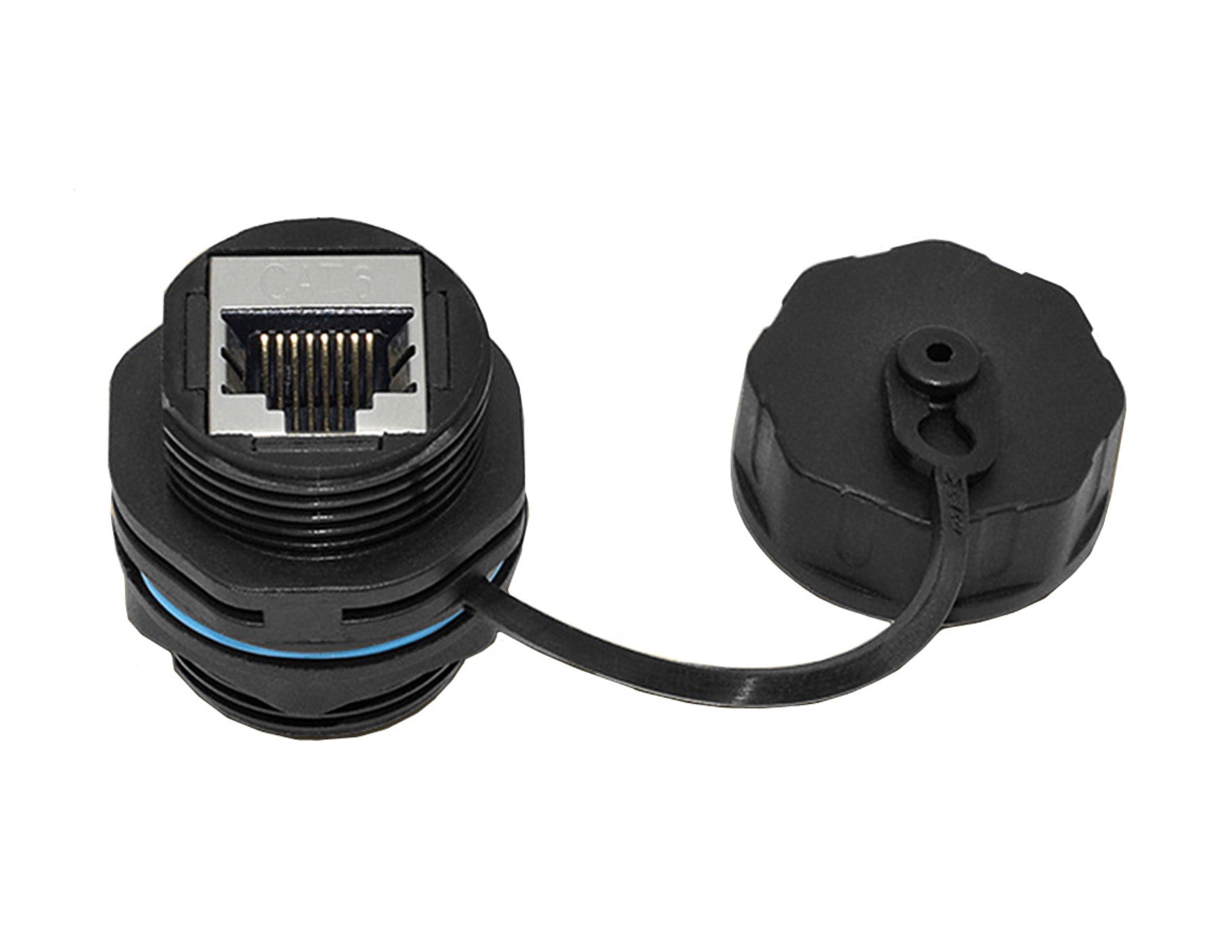 Ethernet cable connector with black cap on white background
