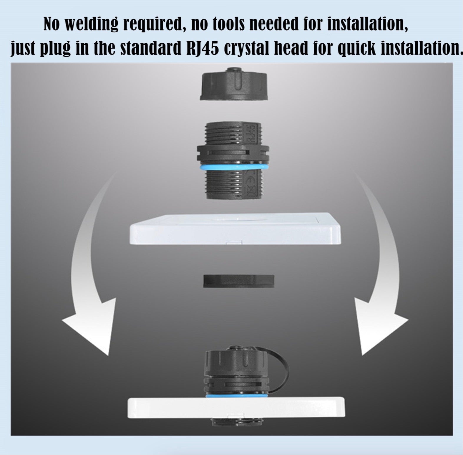 Diagram of installing a standard RJ45 crystal head without welding or tools.